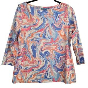 J McLaughlin Swirl Print Top L Pink Blue Coastal Preppy Resort Coastal Classic